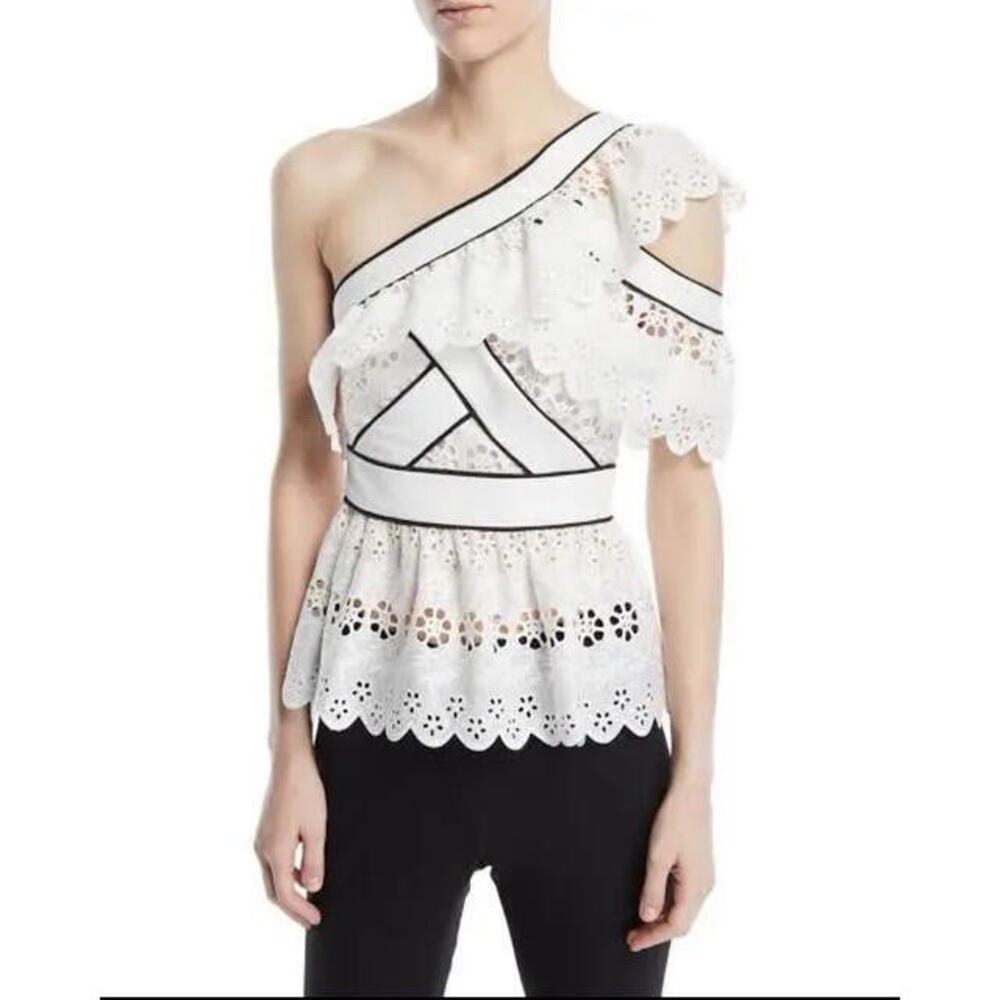 Self-Portrait One-Shoulder Eyelet Lace White Peplum Top US 8